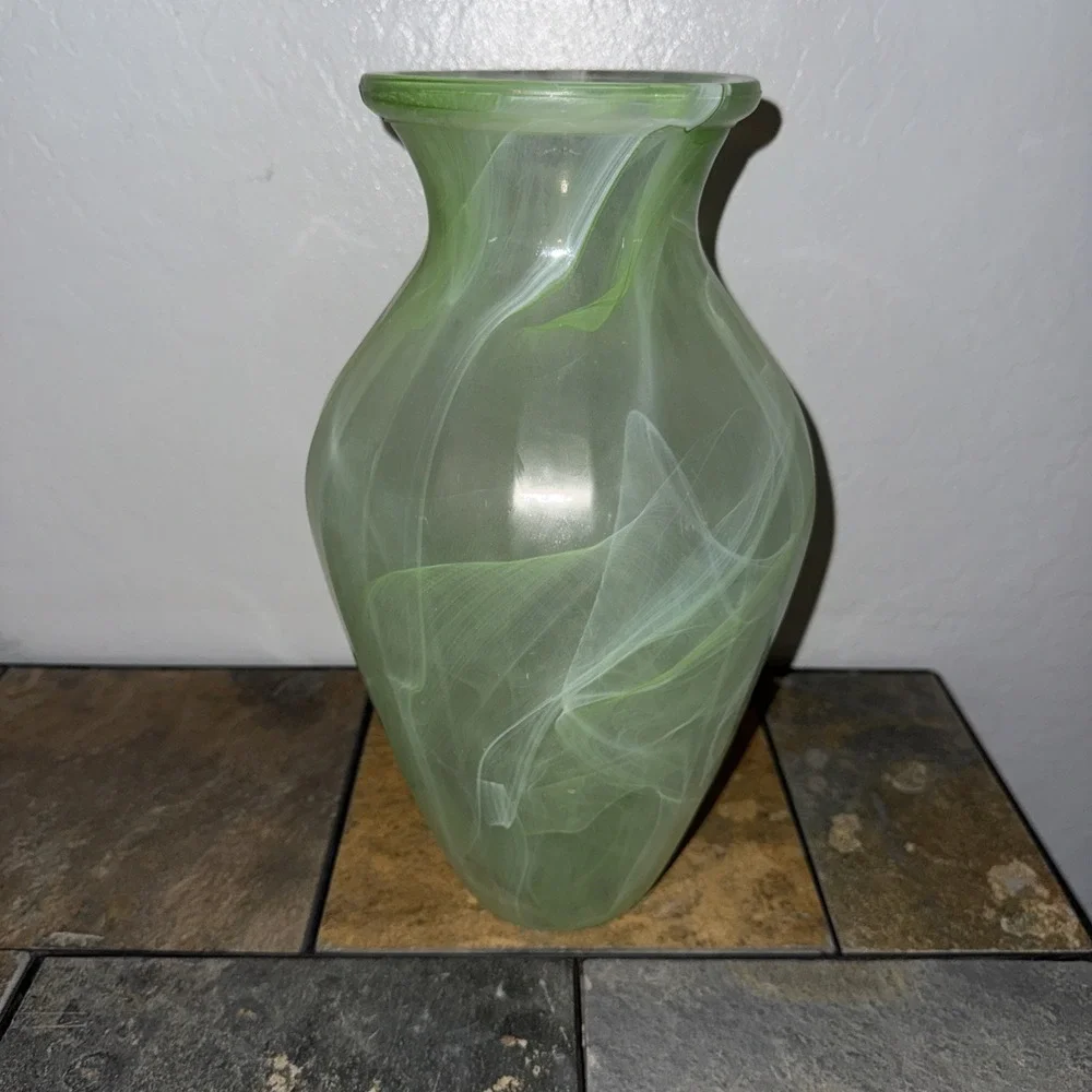 Opaque Light Green Flower Panel Glass Vase Marbled Style White Swirl  12in High